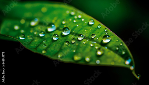 Vibrant green leaf with dew drop, a symbol of growth generated by AI