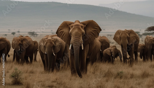 Print op canvas African elephant herd walking in a row, grazing in sunlight generated by AI