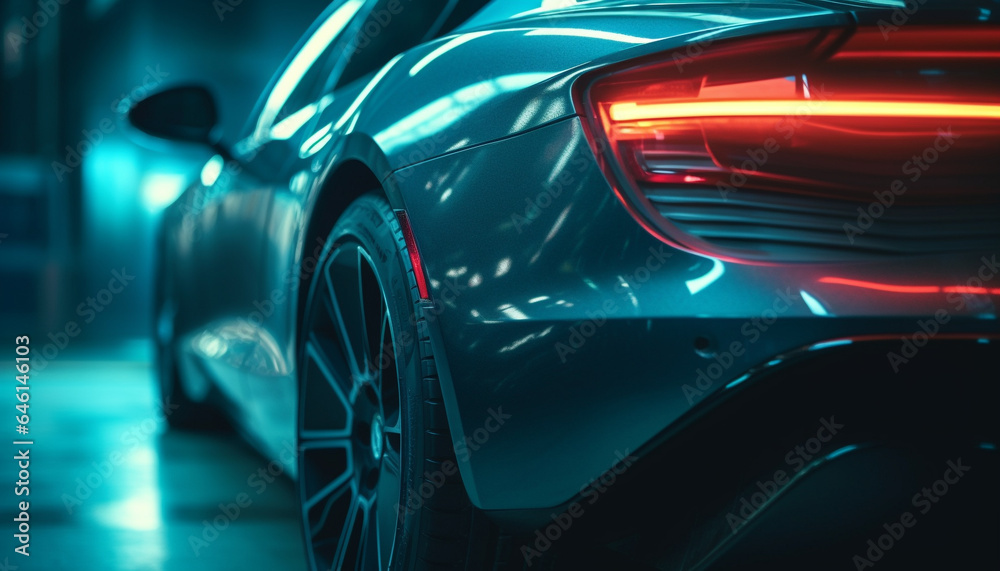 Shiny sports car with illuminated blue headlights speeds through city night generated by AI Shiny sports car with illuminated blue headlights speeds through city night generated by AI