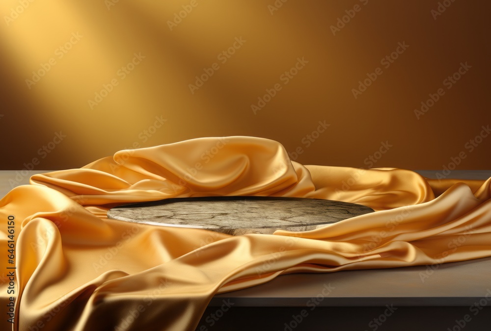 Gold podium background product silk luxury black 3d golden display fabric abstract premium stage. Background elegant studio gold pedestal podium presentation cloth backdrop design. Generative AI - obrazy, fototapety, plakaty 