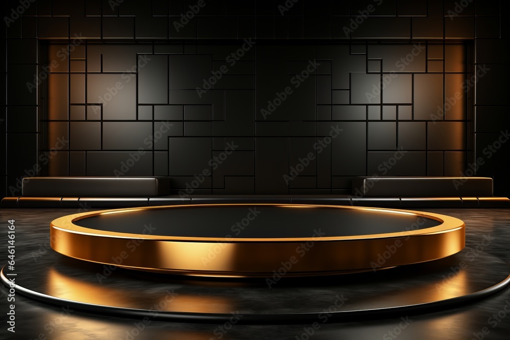 Gold podium background product silk luxury black 3d golden display fabric abstract premium stage. Background elegant studio gold pedestal podium presentation cloth backdrop design. Generative AI Gold podium background product silk luxury black 3d golden display fabric abstract premium stage. Background elegant studio gold pedestal podium presentation cloth backdrop design. Generative AI