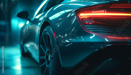 Shiny sports car with illuminated blue headlights speeds through city night generated by AI © Stockgiu
