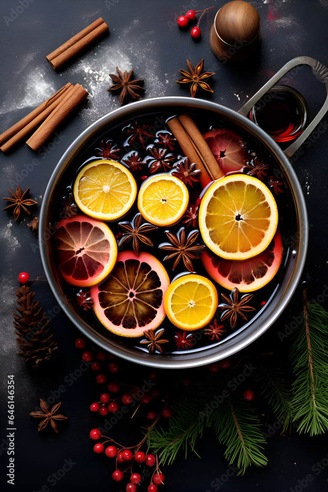 Pot of mulled wine, traditional christmas drink, vertical illustration, top view. Mulled red wine or punch drink with spices, citrus slices, cinnamon sticks and anise stars in a pot on grey background