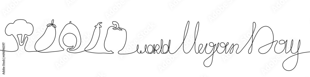 World vegan day, hand drawn vector illustration. One continuous line drawing. One line art. Happy Vegan day, lettering. Pepper, broccoli, avocado, peas, eggplant.