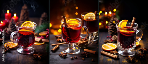 Set of glasses of mulled wine on wooden background  festive drinks. Warming drink. Glasses of hot red wine cocktail with spices  orange slice  cinnamon stick and anise stars. Mulled wine background