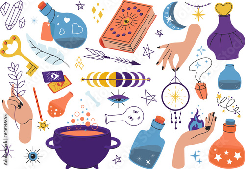 Magical doodle elements, magic poison bottles and crystal ball. Amulets, witchcraft book and giant pot, tarot cards decent vector clipart
