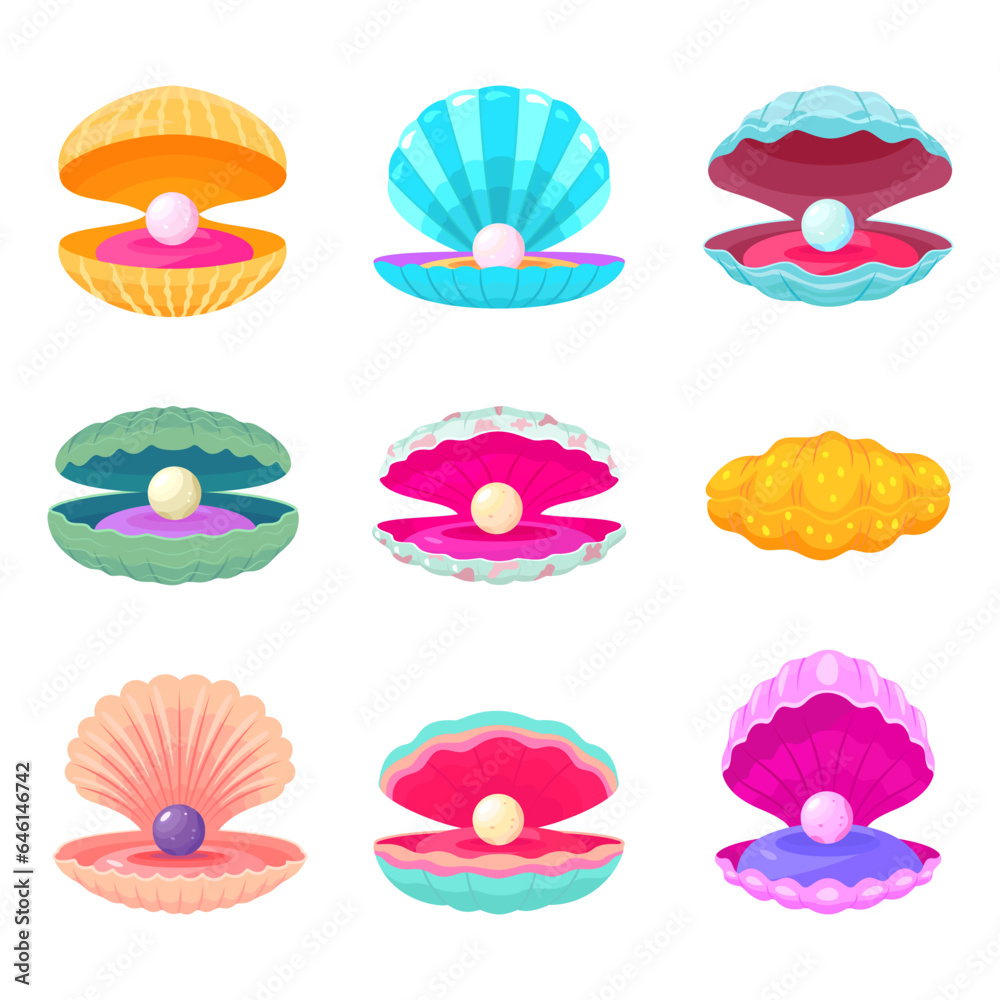 Pearls in shells. Decorative cartoon shell with pearl, different sand and ocean elements. Isolated oyster clam, underwater jewel nowaday vector set Pearls in shells. Decorative cartoon shell with pearl, different sand and ocean elements. Isolated oyster clam, underwater jewel nowaday vector set