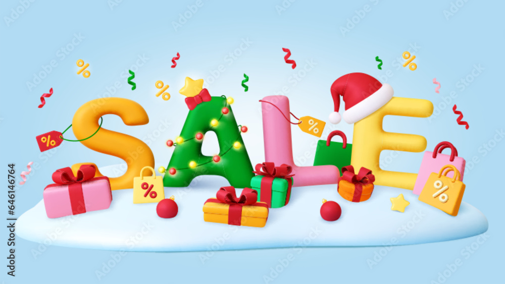 Fototapeta premium Christmas sale 3d background. Store discount banner, render gift boxes, bags on snow hill and confetti. Xmas plasticine pithy vector design