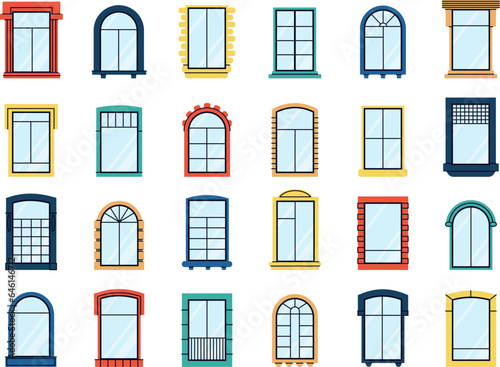 Flat windows design set. Home window, vitrina and glass screen. Decorative outdoor buildings elements, architecture decent vector collection