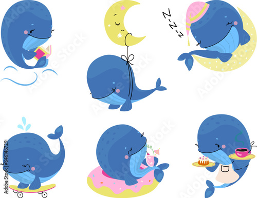 Cute cartoon whale doing different things. Funny whales sleep, eat and reading. Underwater children characters for stickers or baby shower, nowaday vector set