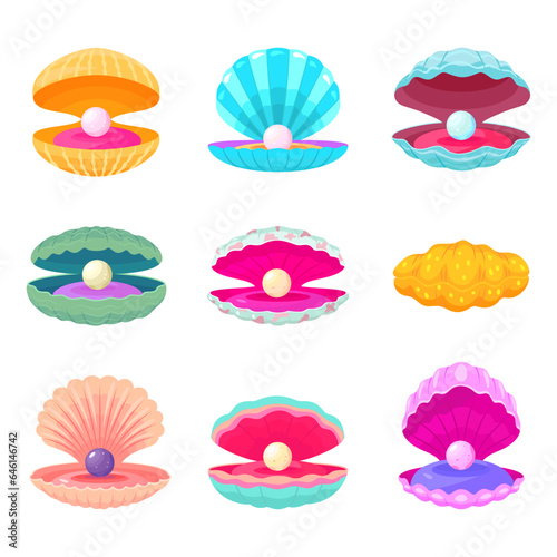 Pearls in shells. Decorative cartoon shell with pearl, different sand and ocean elements. Isolated oyster clam, underwater jewel nowaday vector set