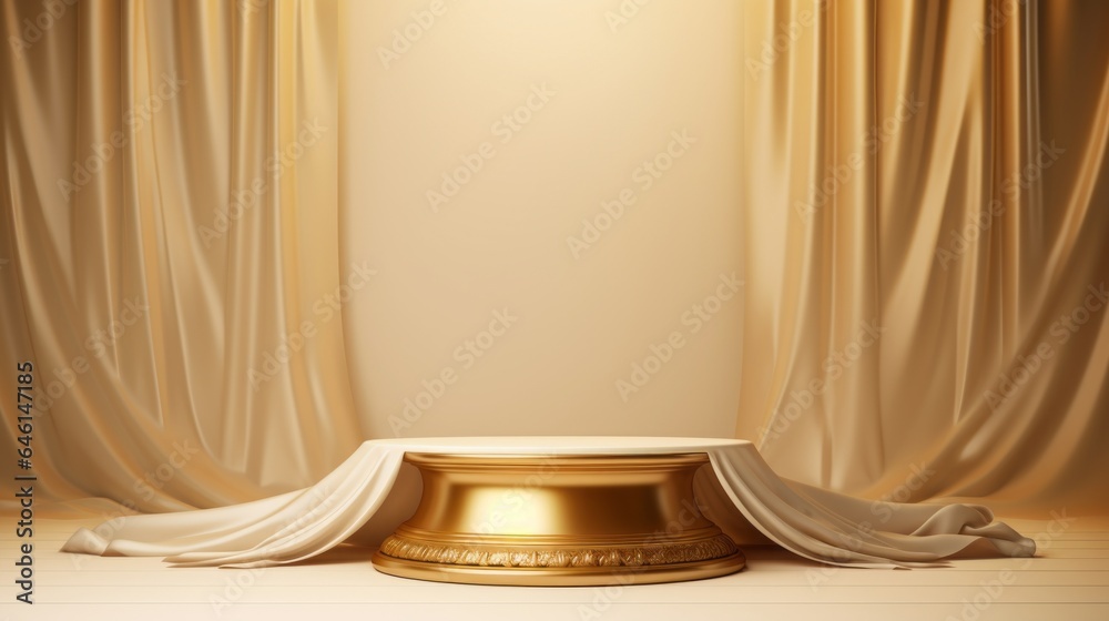 3D podium beige background silk cloth luxury display scene. Beige gold podium mockup platform fabric cosmetic presentation pedestal. Minimalist 3D modern design display stage template.  Generative AI