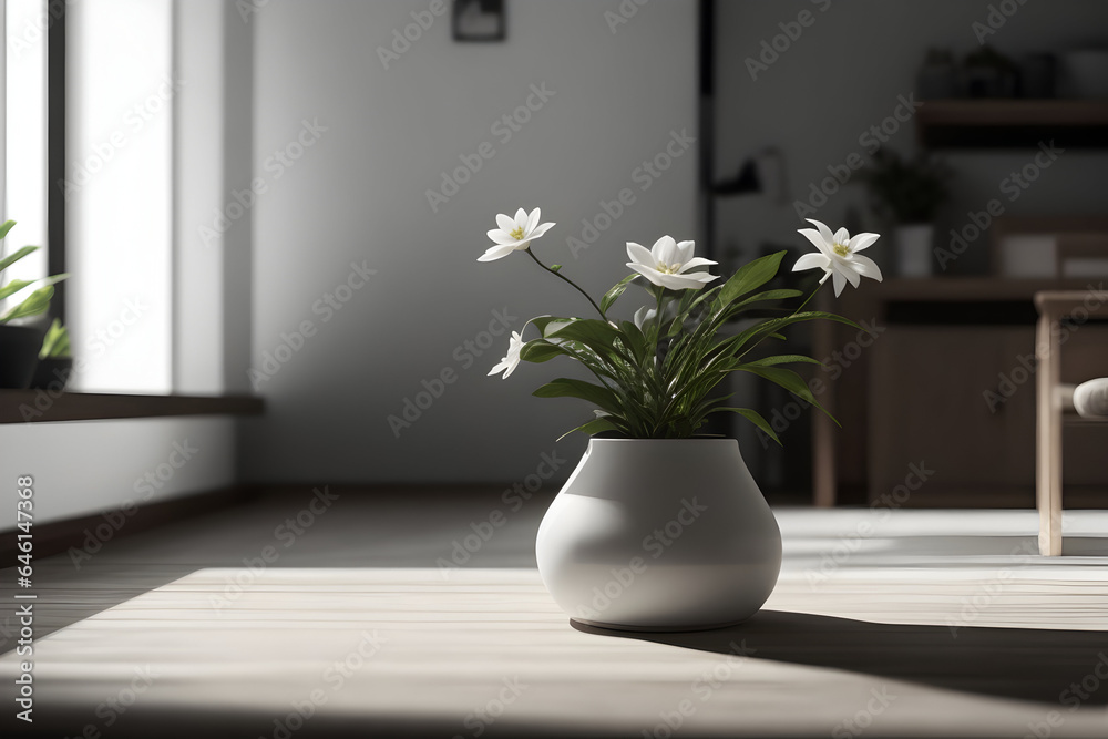 Wood Table, White Flower Pot, Serene Open Space, Captivating Interior Design Photo, Professional Photography Wood Table, White Flower Pot, Serene Open Space, Captivating Interior Design Photo, Professional Photography