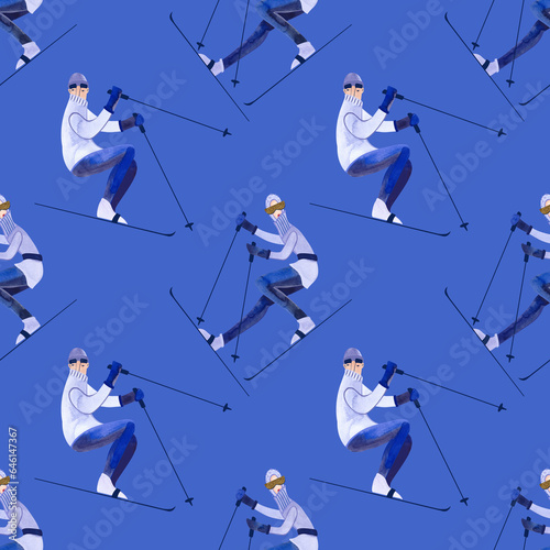 Watercolor seamless patern with skiers. Winter textile. Sport costume. Wrapping paper for ski resort souvenirs. Blue background