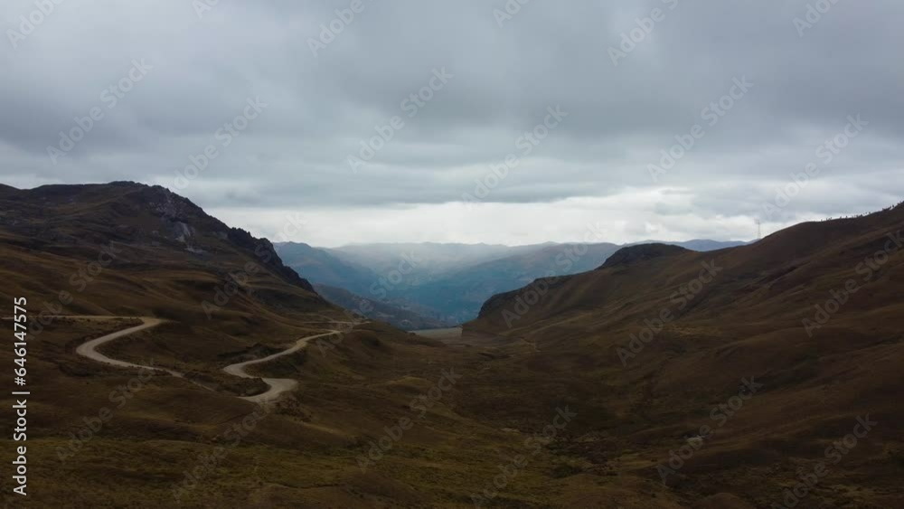 Camera looking down a small valley in the Peruvian mountains dry brown landscape semi arid mountain white clouds above Aerial Video Camera looking down a small valley in the Peruvian mountains dry brown landscape semi arid mountain white clouds above Aerial Video