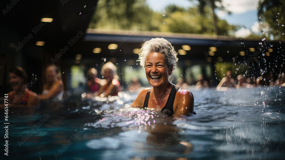 elder woman in a pool whilst smiling into the camera
