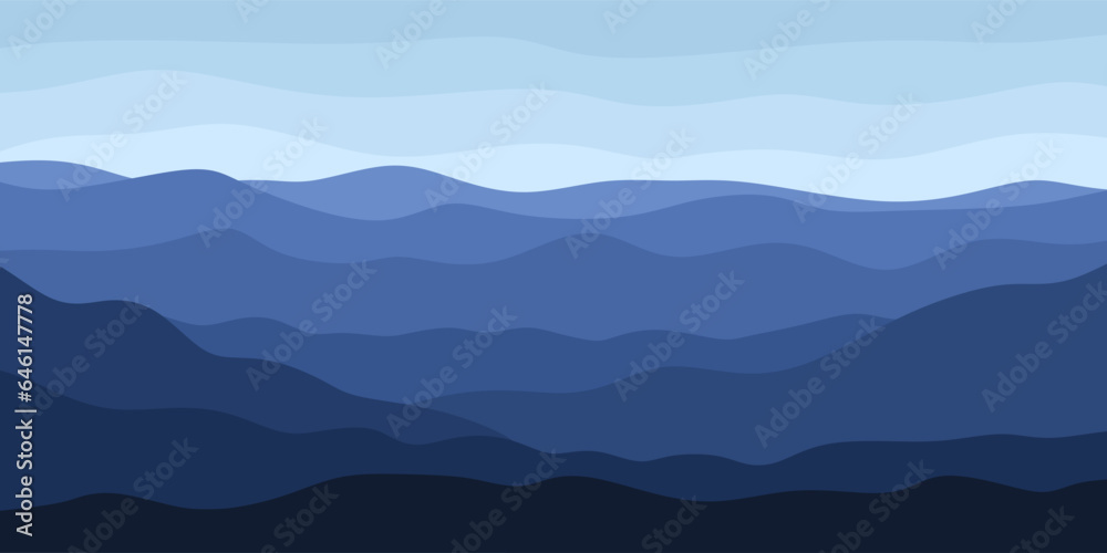 Vector mountain landscape. Panoramic view of beautiful landscape with silhouettes of blue mountains and clear sky. Horizontal nature background. Vector illustration