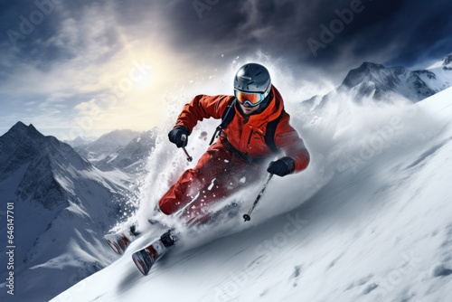Man Skiing Down Mountain in Orange Snow Gear, Generative AI © illuminating images