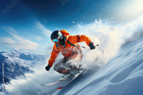 Man Skiing Down Mountain in Orange Snow Gear, Generative AI