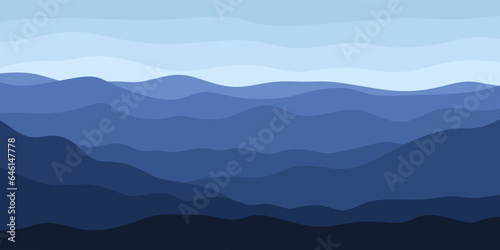 Vector mountain landscape. Panoramic view of beautiful landscape with silhouettes of blue mountains and clear sky. Horizontal nature background. Vector illustration