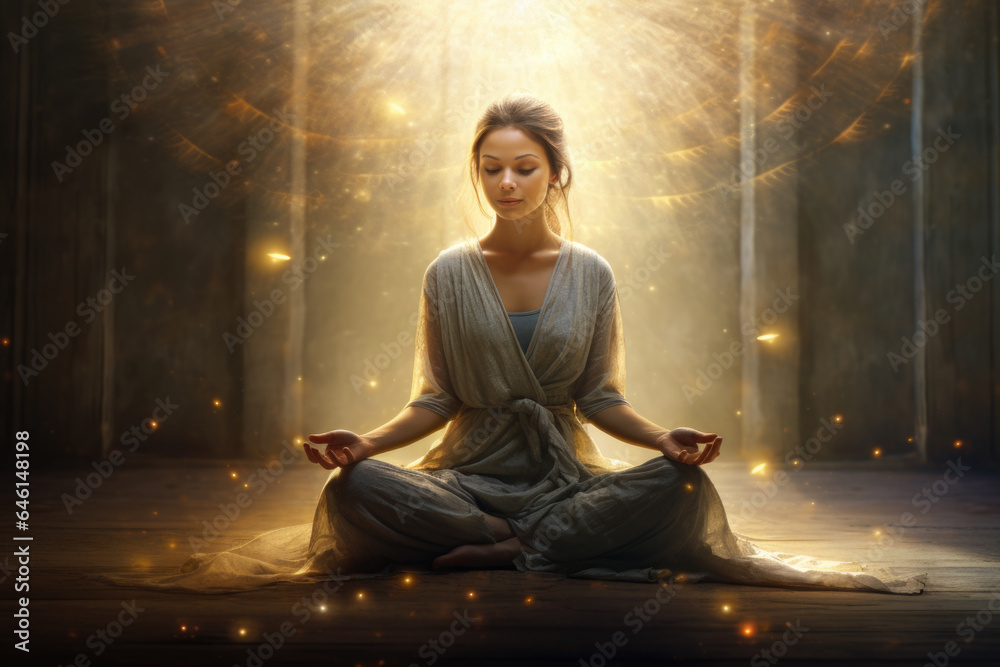 Woman Meditating with Glowing Halo Enlightenment - Spiritual Zen Meditation, Generative AI