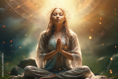 Woman Meditating with Glowing Halo Enlightenment - Spiritual Zen Meditation, Generative AI