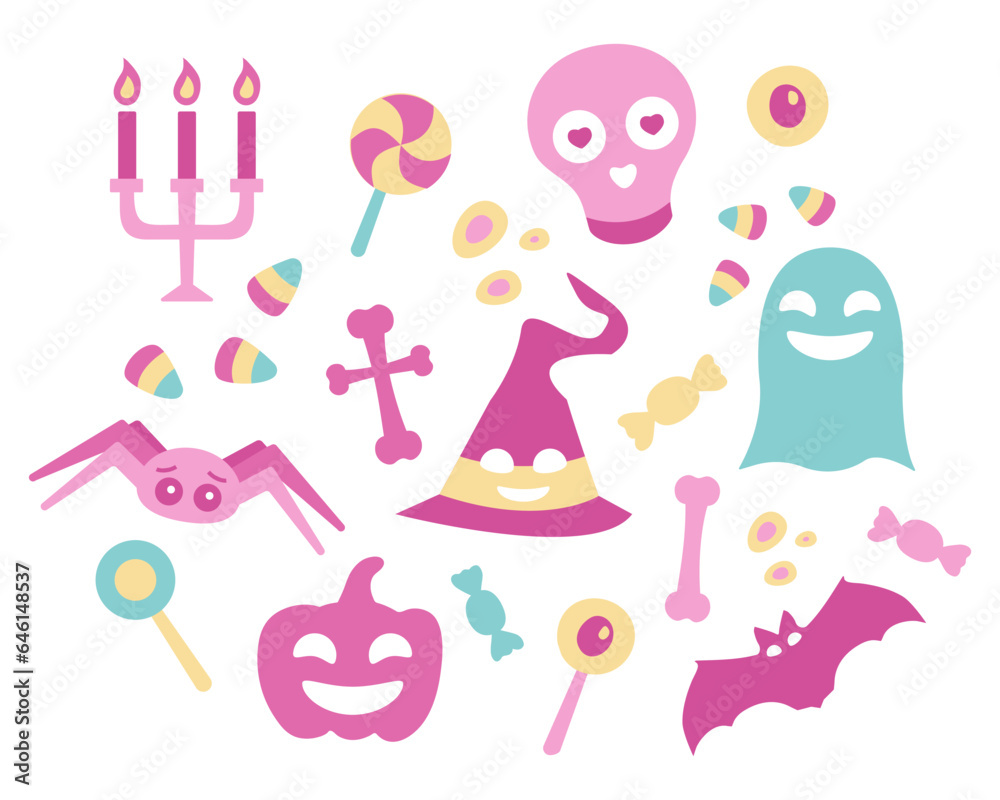 Set Pink objects for Halloween. Scary holiday in Barbie style. Cute spider and bat. Smiling witch hat, pumpkins and ghost. Skull in love. Sweets - candies and lollipops. Candles and bones. Vector