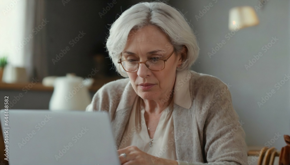 Senior woman managing finances - middle-aged lady with laptop and paper document, reading bill, online payment, home banking, tax calculation, loan debt planning, pension payment Senior woman managing finances - middle-aged lady with laptop and paper document, reading bill, online payment, home banking, tax calculation, loan debt planning, pension payment