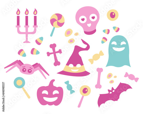 Set Pink objects for Halloween. Scary holiday in Barbie style. Cute spider and bat. Smiling witch hat, pumpkins and ghost. Skull in love. Sweets - candies and lollipops. Candles and bones. Vector © Alena