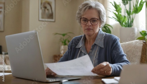 Senior woman managing finances - middle-aged lady with laptop and paper document, reading bill, online payment, home banking, tax calculation, loan debt planning, pension payment
