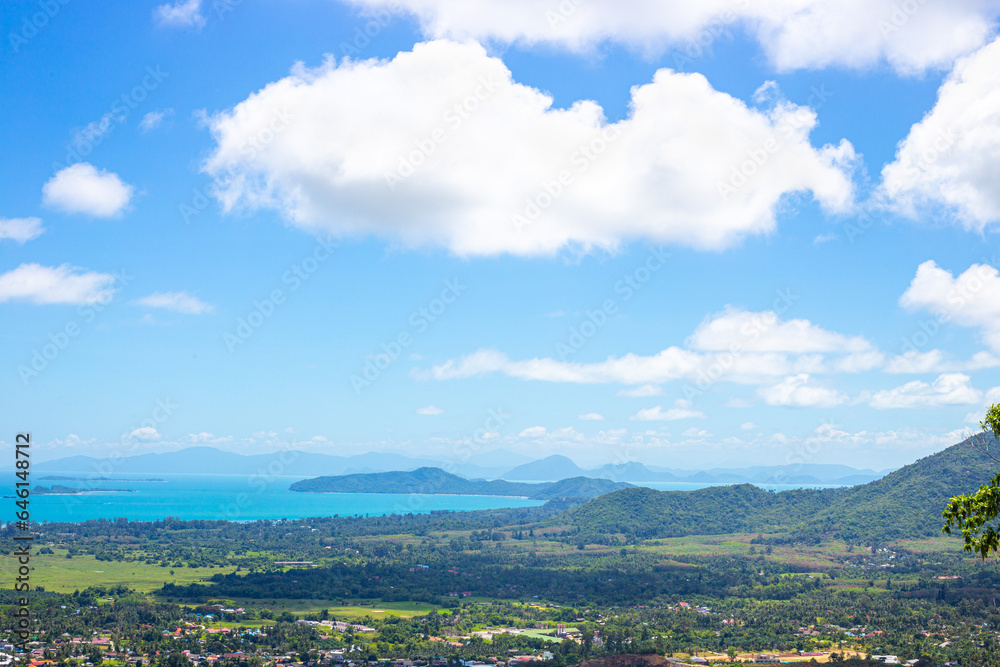 Sea tropical landscape. Coastline with fields, mountains and vegetation, top view