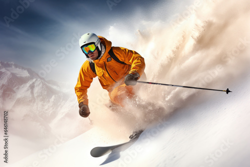 Man Skiing Down Mountain in Orange Snow Gear, Generative AI