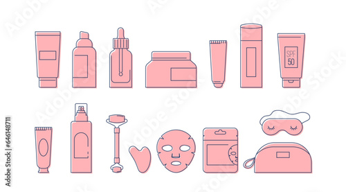Skin Care products illustrations, skincare routine. Cream, lotion, mask, eye cream and sunscreen bottles