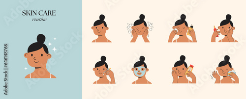 Skincare routine illustrations with cute girls. Cream, lotion, mask, eye cream and sunscreen bottles