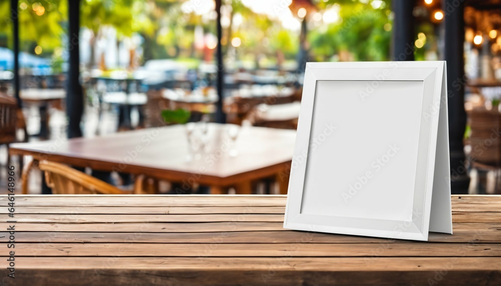 Empty white paper frame poster for mockup on wooden table, blurred outdoor restaurant background for menu, advertising, design, sign Empty white paper frame poster for mockup on wooden table, blurred outdoor restaurant background for menu, advertising, design, sign
