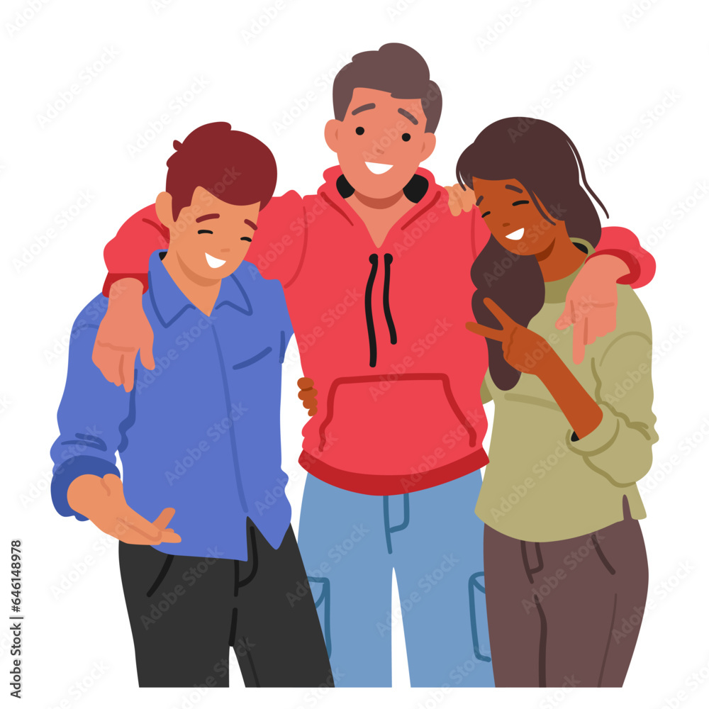 Three Young Friends Girl and Two Boys Characters Friendly Hug, Share An Unbreakable Bond, Cartoon Vector Illustration