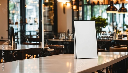 Marketing, design, and advertising mockup in cafe, blank white empty menu sign poster display paper on countertop