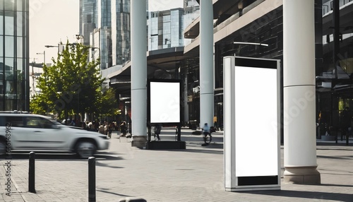 Blank white digital sign poster billboard mockup display in city center during daytime