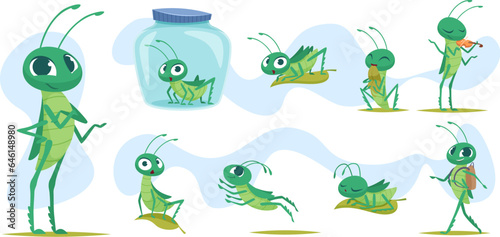 Grasshopper. Colored insects grasshopper jumping in grass exact vector cartoon template