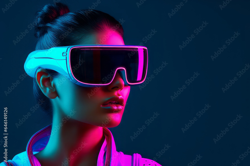 Neon portrait of young girl with virtual reality glasses. Future technology concept. Neon portrait of young girl with virtual reality glasses. Future technology concept.