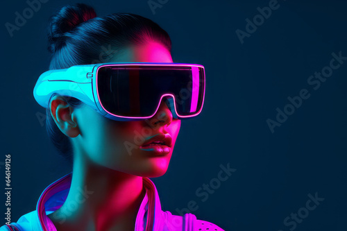 Neon portrait of young girl with virtual reality glasses. Future technology concept.