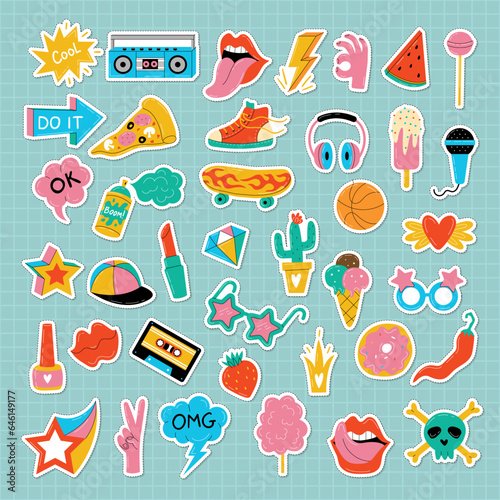 Teenage stickers. Colored fashion retro labels doodle set recent vector illustration set