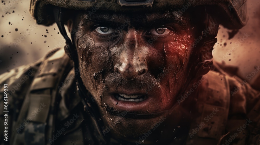 PTSD. Close-up of a military man in uniform and helmet. Fighting, face smeared in mud. Soldier in battle. Active actions. War. There is anger, fear, stress tension in the eyes. PTSD. Close-up of a military man in uniform and helmet. Fighting, face smeared in mud. Soldier in battle. Active actions. War. There is anger, fear, stress tension in the eyes.