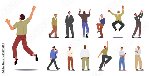 Set of Different Men Use Smartphone, Feel Fear, Jump and Rejoice. Old and Young Male Characters, Businessmen