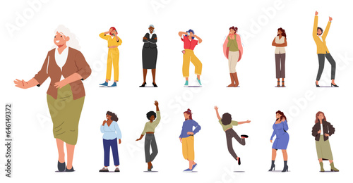 Set of Different Women. African or Caucasian Female Characters, Senior Ladies and Young Girls Listen Music, Drink Tea