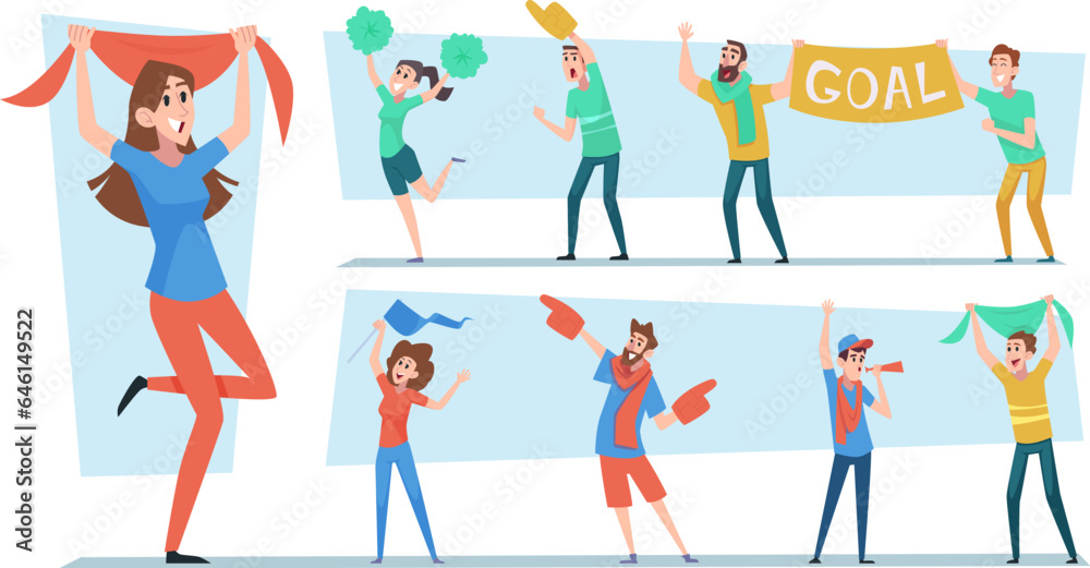 Fans group. Active happy people fans of games exact vector illustrations set