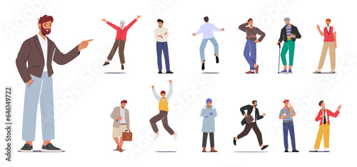 Set of Different Men Wear Formal and Casual Clothes. Old and Young Male Characters Jump, rejoice, Hurry at Work