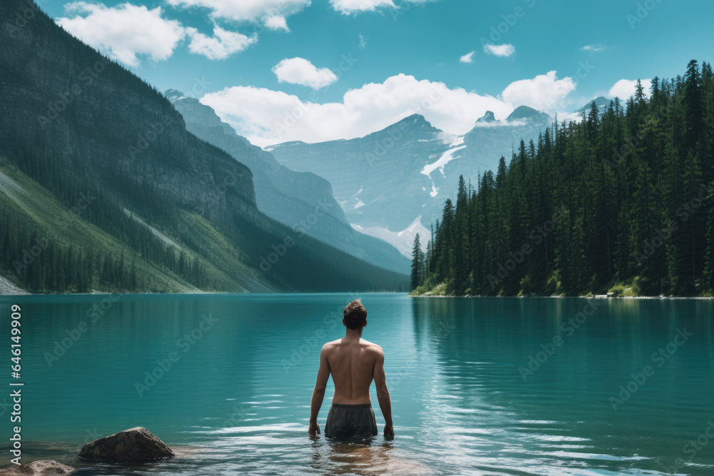 Man is standing in water with majestic mountain in background. This picture can be used to depict solitude, nature, and beauty of outdoors.