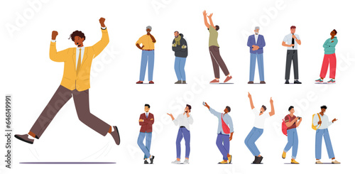 Set of Different Men Freeze  Jump  Stand in Confident Pose. Old and Young Male Characters Shoot on Smartphone  Dance