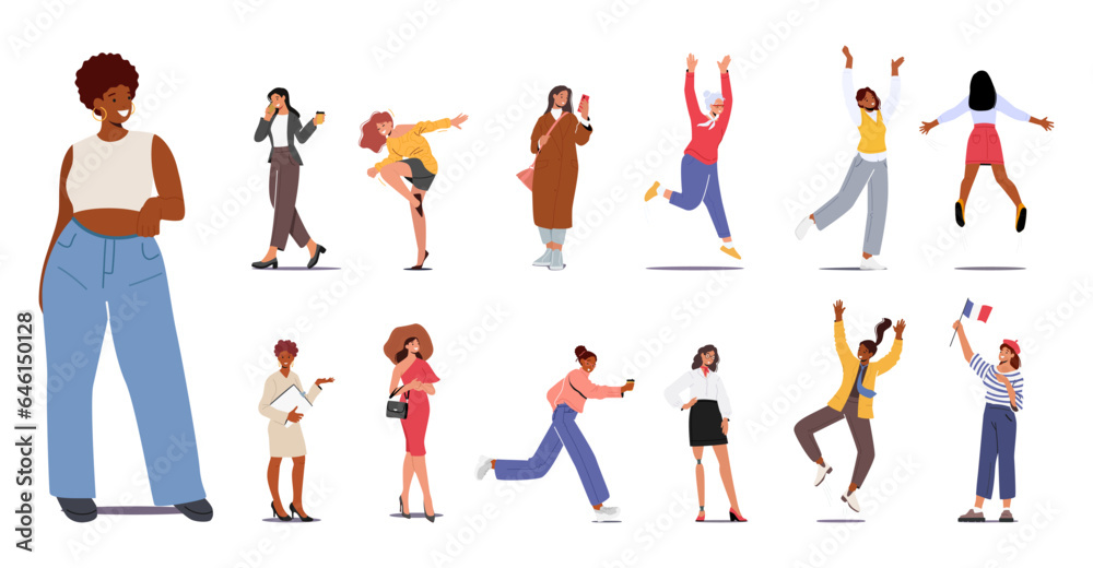 Set of Different Women Run, Dance, Jump and Rejoice. Female Characters wear Sexy, Casual and Formal Clothes